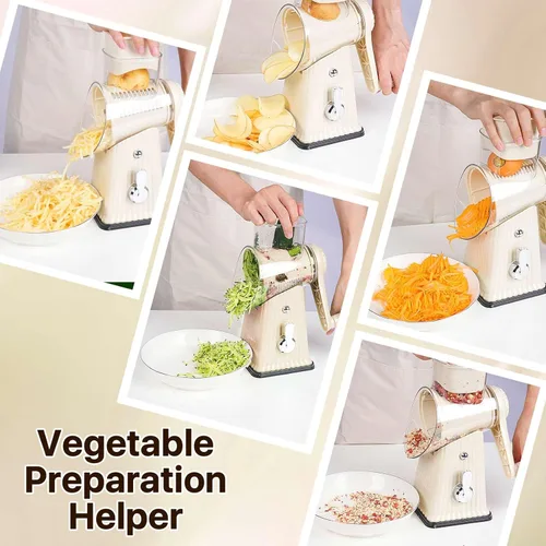 Miniatura 5 de Rallador de queso giratorio manual, blanco, cortador de verduras 5 en 1 con base de succión, cuchillas de acero inoxidable, diseño de manivela