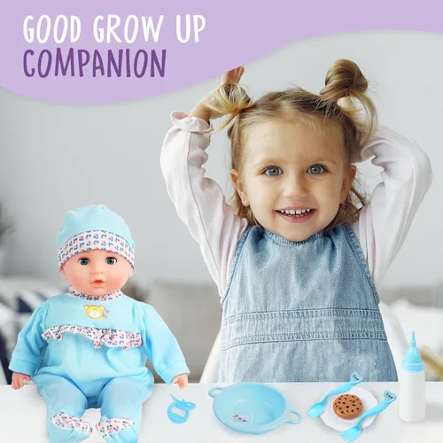 Miniatura 6 de Toy Choi's Muñeca de bebé interactiva de 16 pulgadas, color azul, muñecas de alimentación que lloran y hablan con diferentes sonidos y accesorios