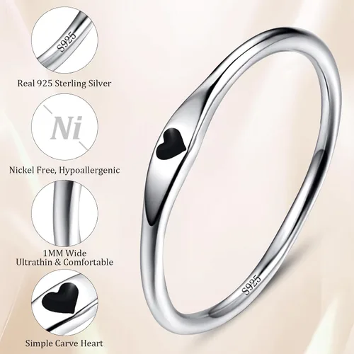 Miniatura 3 de Anillo de Corazón de Plata de Ley 925 para Mujer, 1mm Ultra Fino Chapado en Oro 14K Hipoalergénico Banda de Boda con Amor NegroAmarilloRojoAzulRosa
