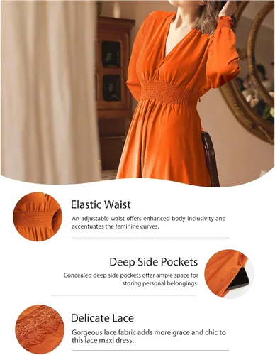 Miniatura 97 de Vestido largo de encaje para mujer de manga corta y cuello en V, vestido de fiesta estilo bohemio con cintura fruncida, vestido bohemio para mujer