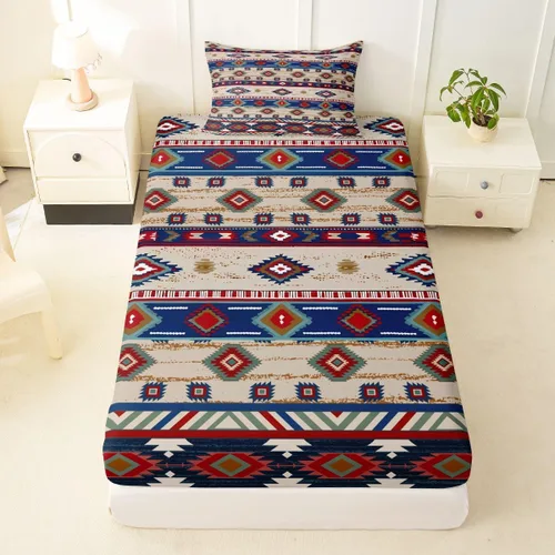 Miniatura 44 de Juego de ropa de cama occidental tamaño individual, sábanas aztecas, estilo nórdico exótico, bohemio, sábana bajera ajustable de tribu india