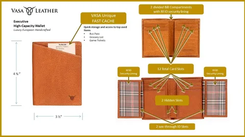 Miniatura 5 de VASA - Carteras verticales de cuero de grano superior de coñac para hombre, billetera plegable minimalista de lujo europea con RFID y soporte