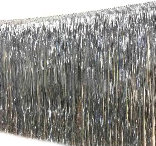 Miniatura 8 de Borde de flecos de oropel iridiscente, 10 yardas × 6 pulgadas de ancho con borlas holográficas para vestido de baile latino, decoración de fiesta