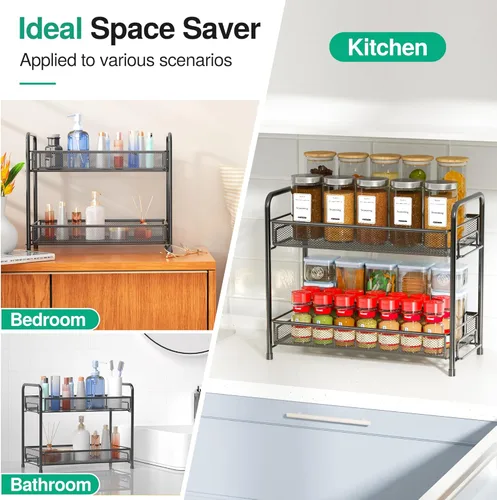 Miniatura 7 de Organizador de especias para encimera, plegable de metal de 2 niveles, a prueba de óxido, estante grande de almacenamiento de condimentos
