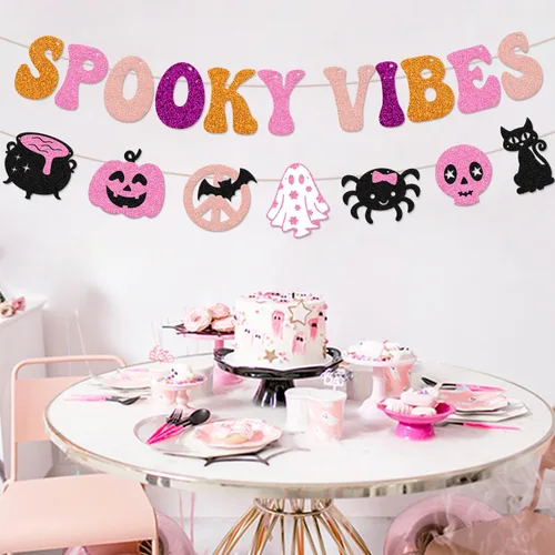 Miniatura 5 de Pancarta de Halloween espeluznante decoración espeluznante hippie guirnalda de Halloween groovy retro fantasma murciélagos araña, gatos, calavera