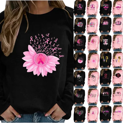 Breast Cancer Awareness Shirts for Women Pink Ribbon Floral Crewneck Sweatshirt Loose Fit Tops Fall Outfits 2024