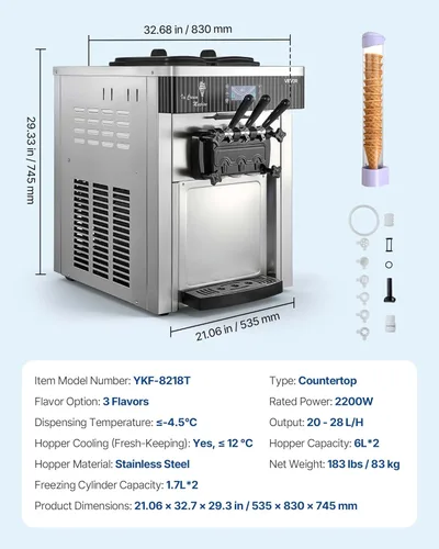 Miniatura 7 de VEVOR Máquina de helados comercial, rendimiento de 20-28 L/H, 2200 W 3 sabores para encimera de helado suave con 2 tolvas de 6 L y agitación