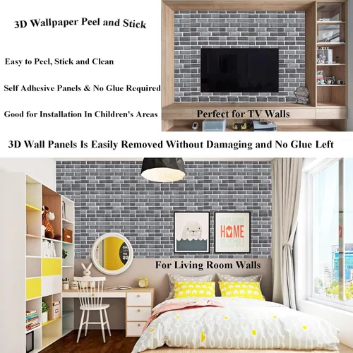 Miniatura 4 de Paneles de Pared 3D Despegar y Pegar, Papel Tapiz de Ladrillo 3D Despegar y Pegar, Paquete de 10 Paneles de Pared Autoadhesivos de Piedra PVC Gris