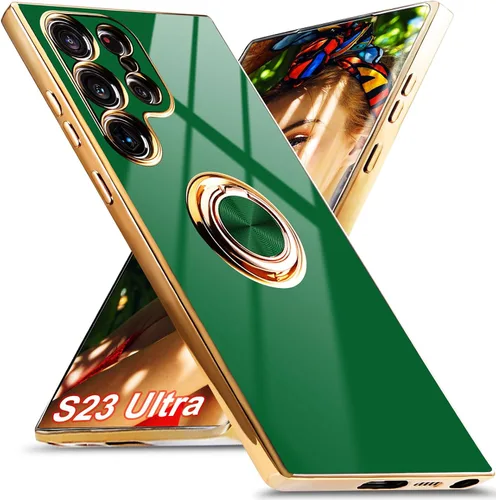 Funda para Samsung Galaxy S23 Ultra 5G, soporte de anillo de rotación de 360° incorporado, soporte magnético, borde chapado brillante de lujo, Verde
