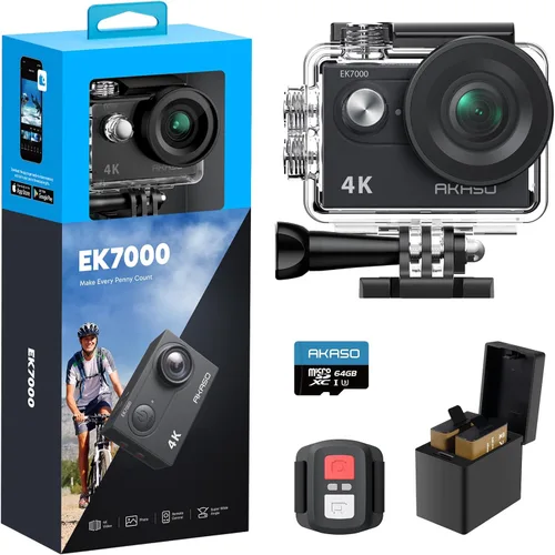 AKASO EK7000 4K30fps Cámara de acción con tarjeta de memoria MicroSDXC U3 de 64 GB, cámara impermeable de 131 pies con zoom EIS 4X Control remoto
