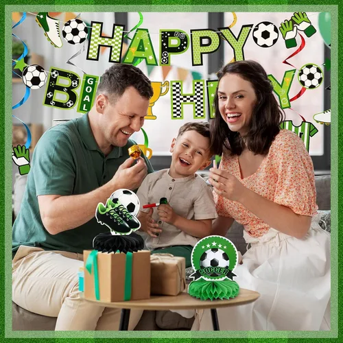 Miniatura 5 de Hanaive 16 piezas de decoración de fiesta de cumpleaños de fútbol, incluye pancarta de feliz cumpleaños, centros de mesa, recortes de papel