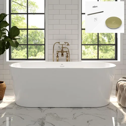 Miniatura 45 de FerdY Shangri-La - Bañera de acrílico independiente de 67 pulgadas, bañera de remojo de acrílico de forma ovalada clásica con desagüe de níquel
