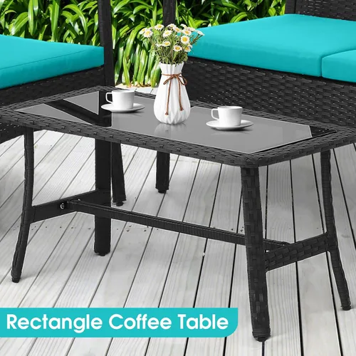 Miniatura 8 de HAPPYGRILL Juego de 4 muebles de mimbre para patio, juego de conversación de mimbre de polietileno, sofá de ratán con cojines, mesa de centro