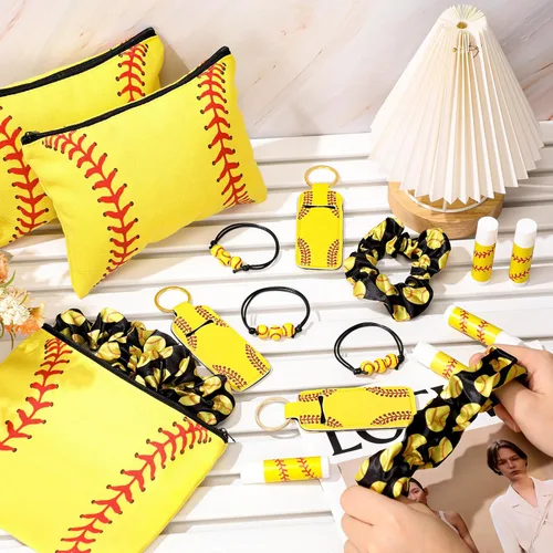 Miniatura 2 de 60 piezas de regalos de softbol regalos de fiesta de sóftbol con 12 coleteros 12 bolsas de maquillaje, 12 bálsamo labial, 12 llaveros para lápiz