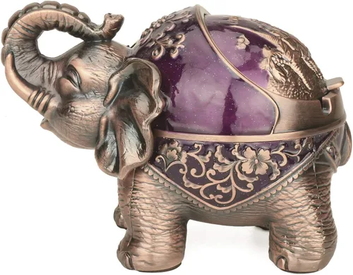 LAUYOO Cenicero decorativo de elefante con tapa para cigarrillos, cenicero de metal para fumar, portacentizas para fumadores, resistente al viento,