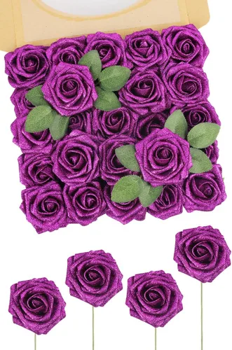 Miniatura 35 de N&T NIETING 25 unidades de flores artificiales, Rosas de espuma artificial de sensación real al tacto, decoración para boda, dama de honor, ramo