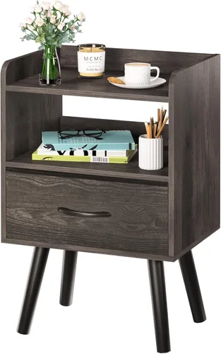 Miniatura 9 de Yoobure - Mesita de noche moderna con cajón, mesas de cabecera, mesitas de noche de mediados de siglo con estante de almacenamiento abierto, mesa