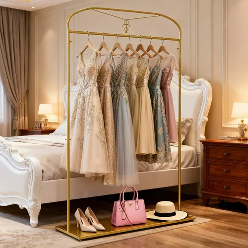 91" estante alto de la ropa del oro con los estantes, estante largo del vestido de la ejecución | Estantes de ropa nupcial, organizador para tienda