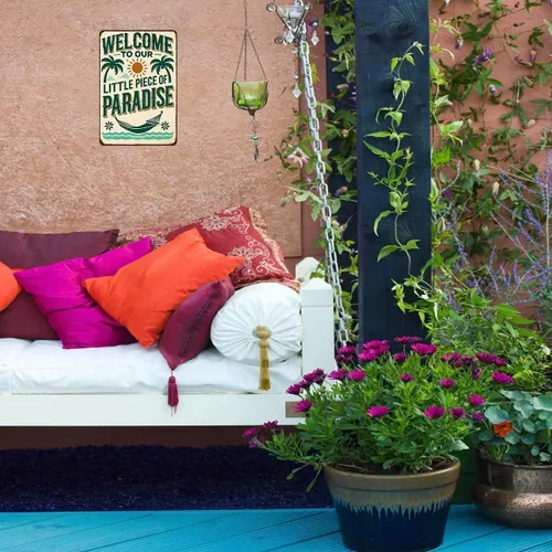 Miniatura 5 de FunnySign Letrero de hojalata vintage con texto en inglés "Welcome to Our Little Piece of Paradise" para exteriores, porche, patio, jardín, bar