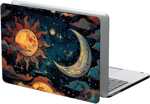 Miniatura 2 de para MacBook Air de 13 Pulgadas, Funda Negra con Patrón de Sol y Luna Brillando en Contraste Versión 2011-2017 de A1466/A1369 Carcasa Rígida