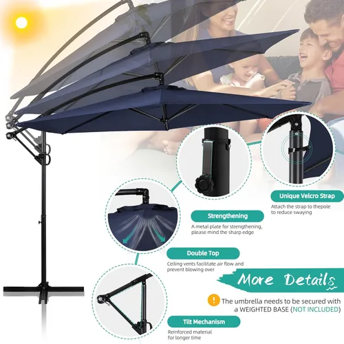 Miniatura 6 de Shintenchi Sombrilla de patio con inclinación fácil, manivela y base cruzada, para exteriores, voladizo, para colgar, toldo para protección solar