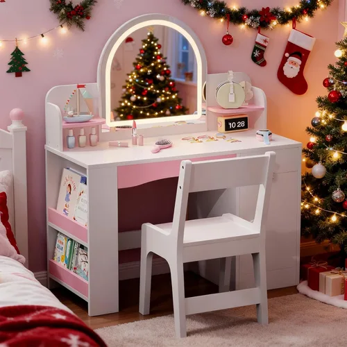 Miniatura 8 de Teckid Juego de tocador para niños con silla y luces, escritorio de maquillaje de princesa 2 en 1, mesa de tocador para niños pequeños con espejo