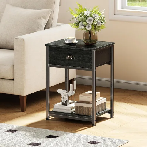 Miniatura 7 de Furologee Mesita de noche con cajón de tela y estante de almacenamiento, mesa auxiliar pequeña para espacios pequeños, mesa auxiliar industrial de 2