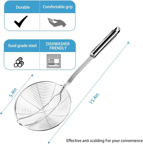 Miniatura 2 de Cucharón de acero para araña, colador de araña para cocina, cocina y freír, diámetro de la cuchara coladora de alta calidad: 5.4 pulgadas, longitud