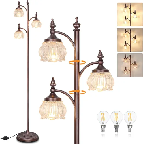 Miniatura 9 de JUNNAI Lámpara de pie negra para sala de estar, lámpara de pie alta, regulable, con 3 luces giratorias, pantalla de cristal, lámpara de esquina Negro