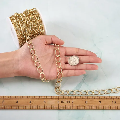 Miniatura 5 de FASHEWELRY Cadena de eslabones de aluminio de 16.4 pies sin soldar, rollo de cadenas de eslabones dorados con carrete para hacer collares, joyas