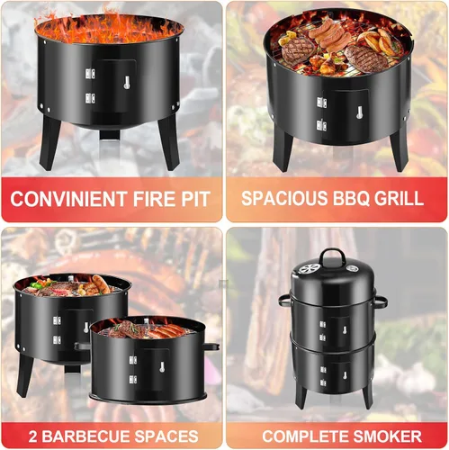 Miniatura 4 de Parrilla vertical redonda de carbón de 19 pulgadas, ahumador de barbacoa de alta resistencia para ahumar al aire libre, pellets de múltiples capas