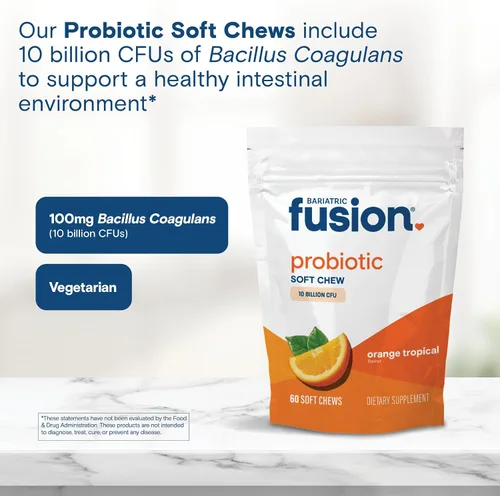 Miniatura 5 de Bariatric Fusion Bariatric Probiotic Soft Chews Vitamina bariátrica masticable de sabor tropical naranja Bacillus Coagulans 10 mil millones