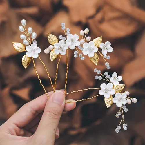 Miniatura 8 de Casdre Horquillas para el pelo de novia de flores, accesorios para el cabello de boda con diamantes de imitación para mujeres y niñas (paquete de 3)