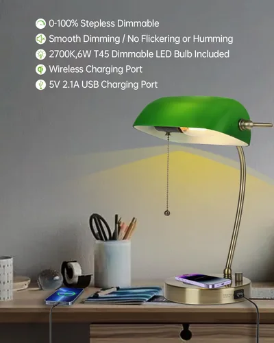 Miniatura 7 de Lámpara de Escritorio de Banquero de Cristal Verde con Cargador Inalámbrico, Puerto de Carga USB para Oficina en Casa, Lámpara de Mesa Regulable sin
