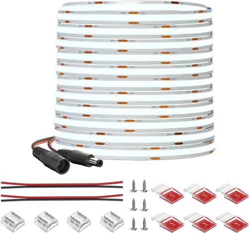 Miniatura 9 de Tira de luz LED COB de 32.8 pies, flexible, de alta densidad, tiras de mazorca, 24 V, blanco cálido, 2700 K, 480 LEDs/m, CRI 90+, regulable, 0.315