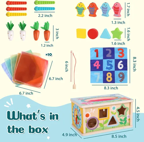 Miniatura 6 de Ancaixin Cubo de Actividad de 6 en 1 de Caja de Tejidos Montessori para Bebés de 6+ Meses, Cubo de Actividad de Madera, Rompecabezas para 12-18