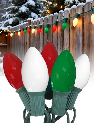 Miniatura 16 de Luces de Navidad C9 rojas y blancas de 25 pies, cadena de luces de Navidad C9 impermeables con 26 bombillas rojas y blancas, luces de Navidad Luz