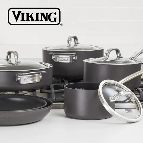 Miniatura 6 de Viking Juego de ollas y sartenes antiadherentes, 10 piezas de utensilios de cocina anodizados duros con tapas de vidrio, color negro