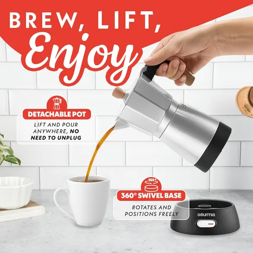 Miniatura 4 de Gourmia Cafetera eléctrica Moka Pot Espresso – Cafetera de estilo italiano de 6 disparos, base inalámbrica desmontable de 360 ° de 550 W, aluminio