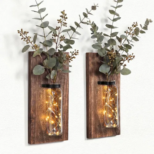 Heiple Paquete de 2 apliques de pared de madera y vidrio, macetas de granja para plantas de interior, decoración rústica para sala de estar, jarrón