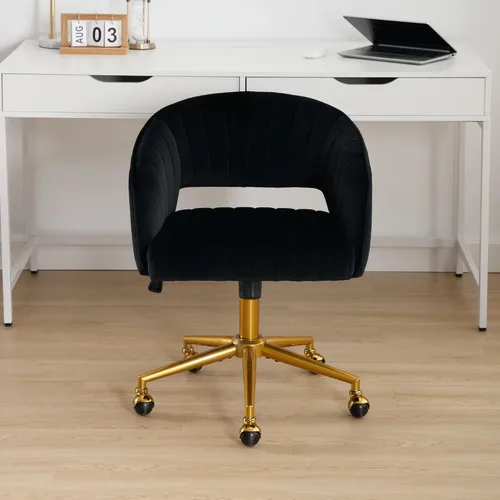 Miniatura 2 de Sillas de escritorio para oficina en casa Westice, silla rodante moderna de terciopelo, silla de tocador giratoria con base dorada y altura Negro