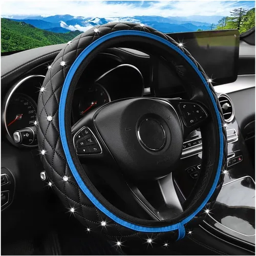 Miniatura 11 de Funda de volante de coche brillante, protector de volante elástico de cuero antideslizante, accesorios de decoración de vehículo con diamantes