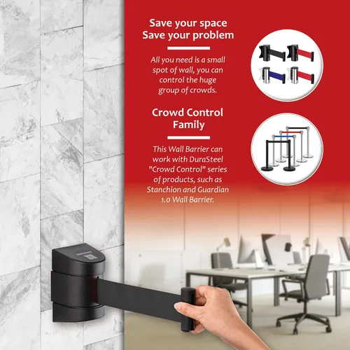 Miniatura 7 de DuraSteel Barrera retráctil para cinturón de control de multitudes de montaje en pared, cinturón de barrera retráctil negro de 9.2 pies, barreras