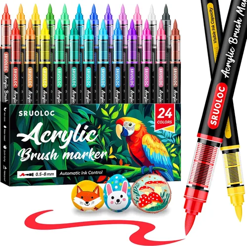 SRUOLOC Marcadores de pintura acrílica de 24 colores, punta de pincel, control automático de tinta, bolígrafos de pintura acrílica para pintura en