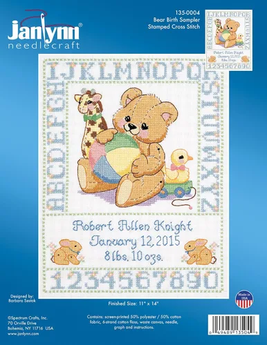 Miniatura 2 de Janlynn C5589 Bear Birth Sampler - Kit de punto de cruz estampado, 11 x 14 pulgadas, multicolor