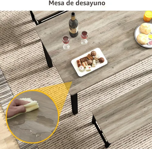 Miniatura 4 de Rovibek Juego de mesa de comedor para 4, mesa de cocina moderna que ahorra espacio con 2 bancos tapizados y pies ajustables, mesa de desayuno