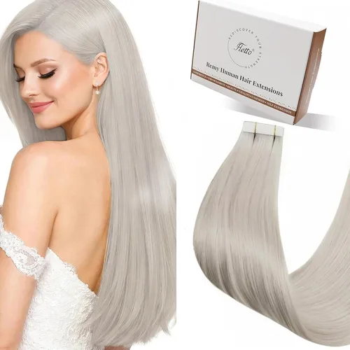 Miniatura 60 de Hetto Extensiones de cabello humano con nano cuentas, balayage, extensiones de cabello humano, color negro degradado a plateado, extensiones