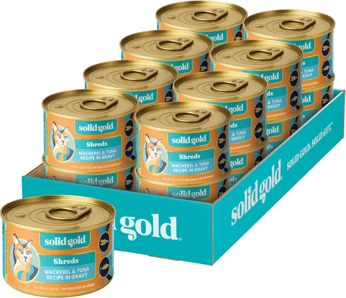 Solid Gold comida húmeda para gatos desmenuzada con salsa - Alimento enlatado para gatos hecho con atún real y caballa - Sin granos de los Cinco