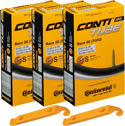 Continental Race 28" 700x20-25c - Tubos interiores de bicicleta – 1.654 in de largo Presta válvula (paquete de 3 con 2 palancas de neumático Conti)