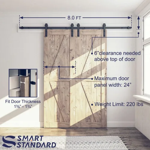 Miniatura 4 de SMARTSTANDARD Kit de herrajes para puerta de granero doble de 8 pies, pista de puerta corredera: suave y silenciosa - incluye instrucciones